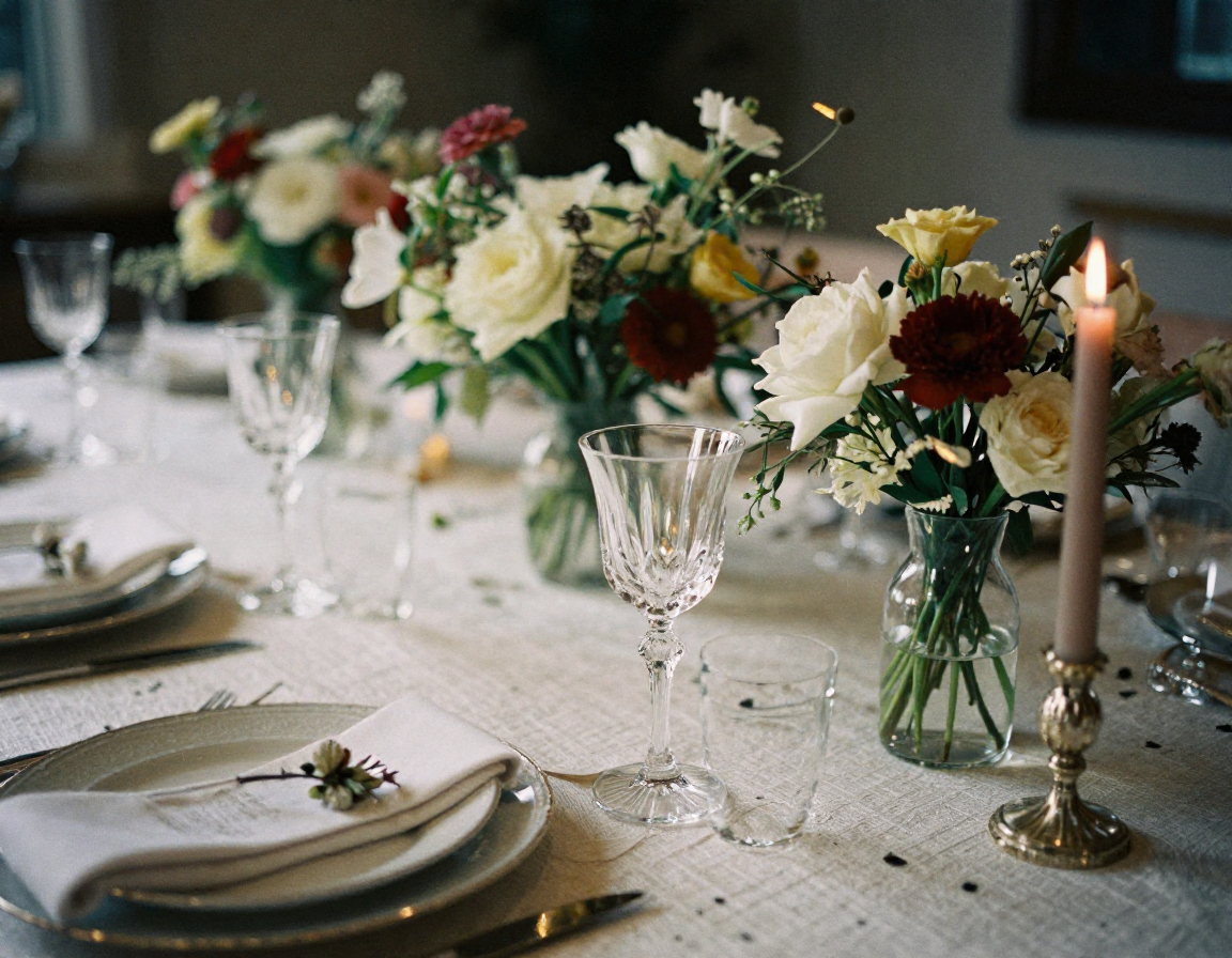 Professional conference table setup with elegant place settings for business dinners